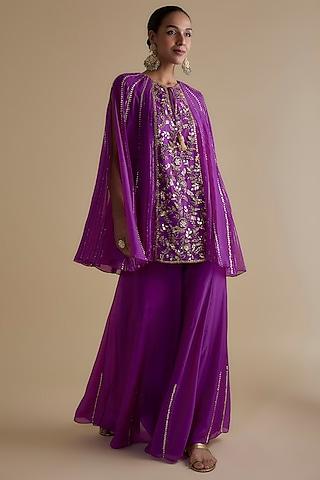 purple silk organza & zari georgette embroidered tunic set