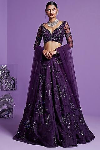 purple silk organza embroidered a-line lehenga set