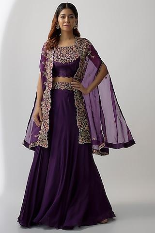 purple silk organza hand embroidered cape set