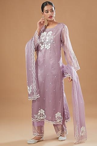 purple silk organza machine embroidered kurta set