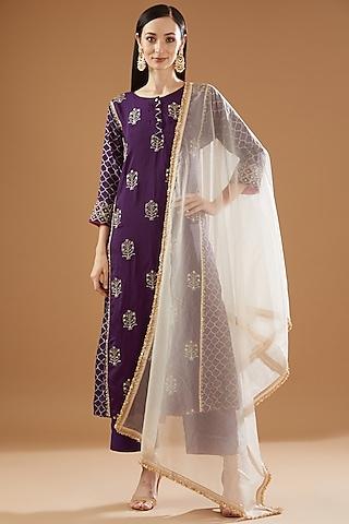 purple silk printed & embroidered kurta set
