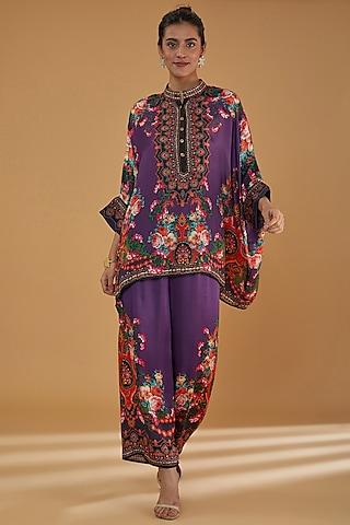 purple silk printed tunic set