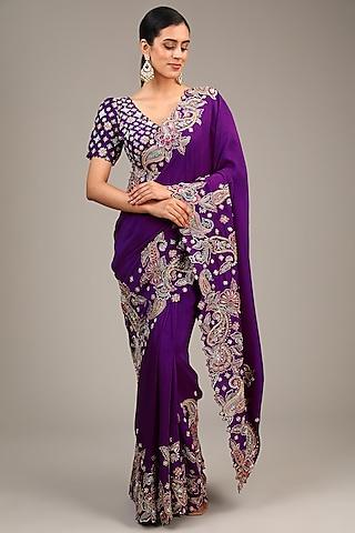 purple silk resham & pearl embroidered saree set