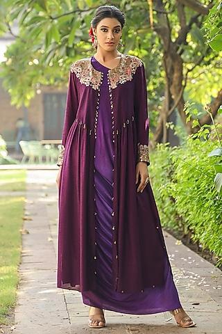 purple silk resham embroidered jacket dress