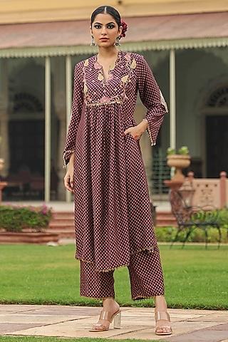 purple silk resham embroidered kurta set