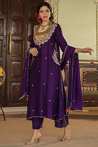 purple silk resham embroidered kurta set