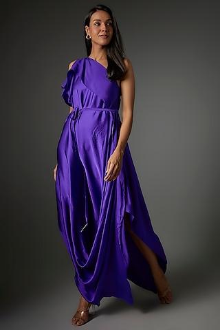 purple silk satin one-shoulder dress