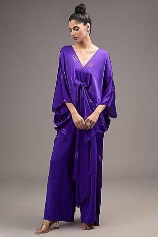 purple silk satin tie-dye tunic set