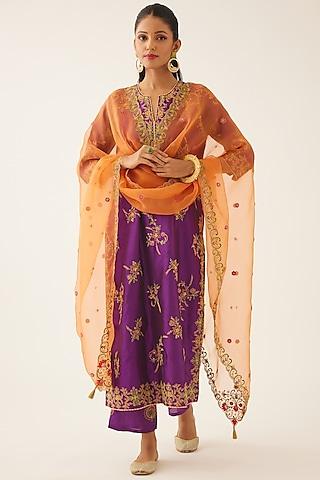 purple silk thread embroidered kurta set