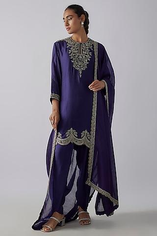 purple silk zardosi embroidered kurta set