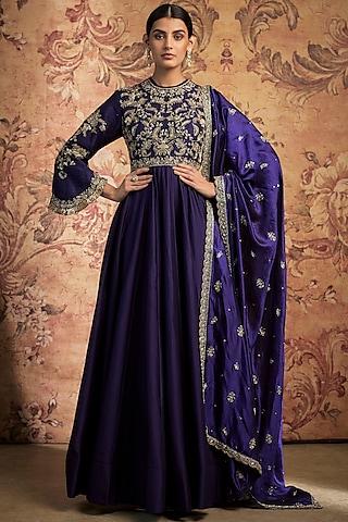 purple silk zari embroidered anarkali set