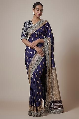 purple silk zari embroidered banarasi saree set