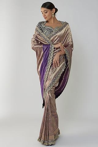 purple silk zari embroidered banarasi saree set