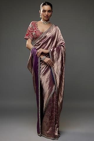 purple silk zari embroidered banarasi saree set