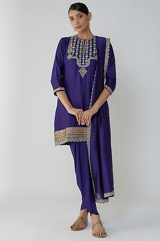 purple silk zari embroidered kurta set