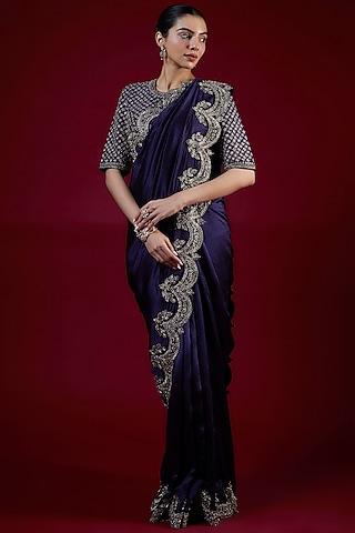 purple silk zari embroidered saree set