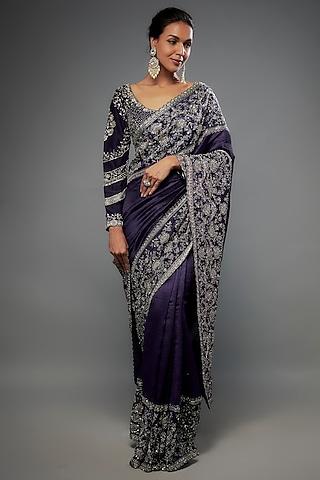 purple silk zari embroidered saree set