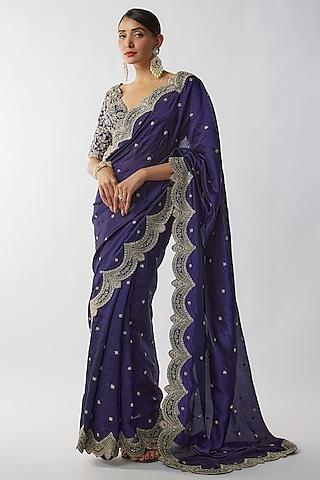 purple silk zari embroidered saree set