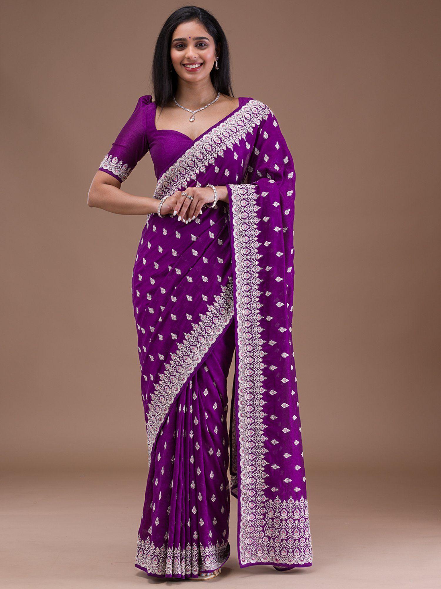 purple silver zari work raw silk saree with unstitched blouse