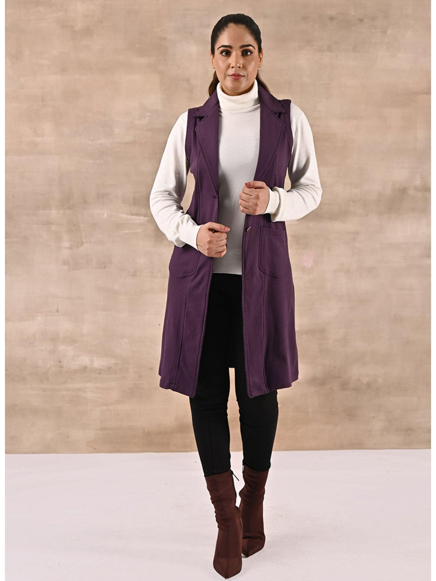 purple sleeveless trench coat with notch collar