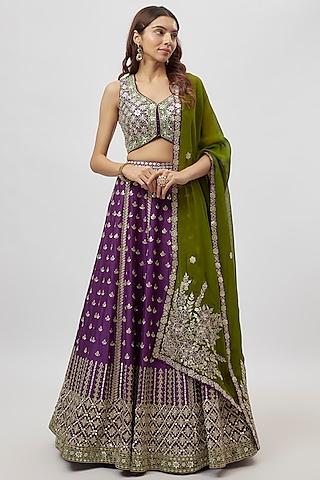 purple slub silk mirror embroidered lehenga set