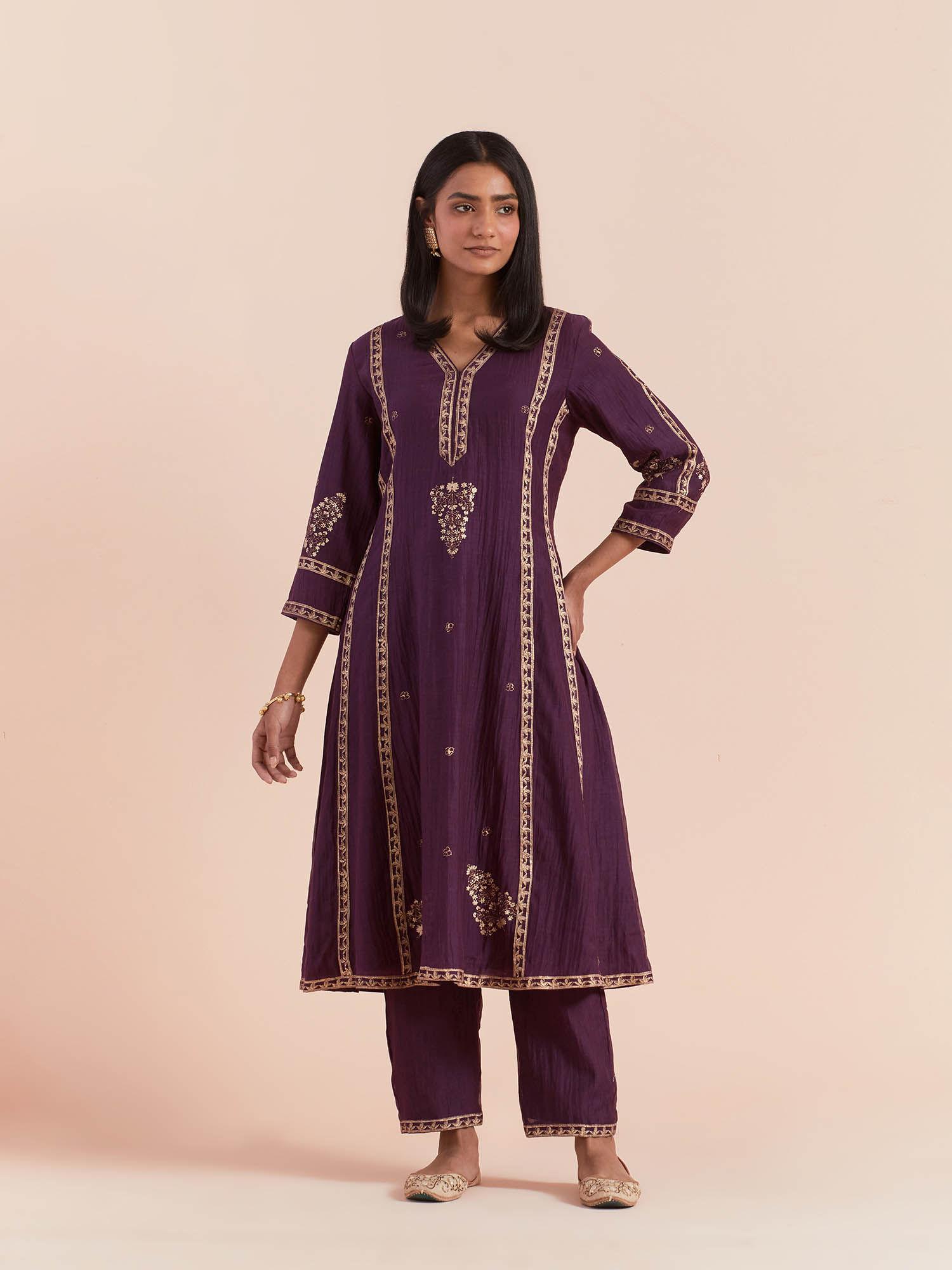 purple soft chanderi kurta with pants (set of 2)