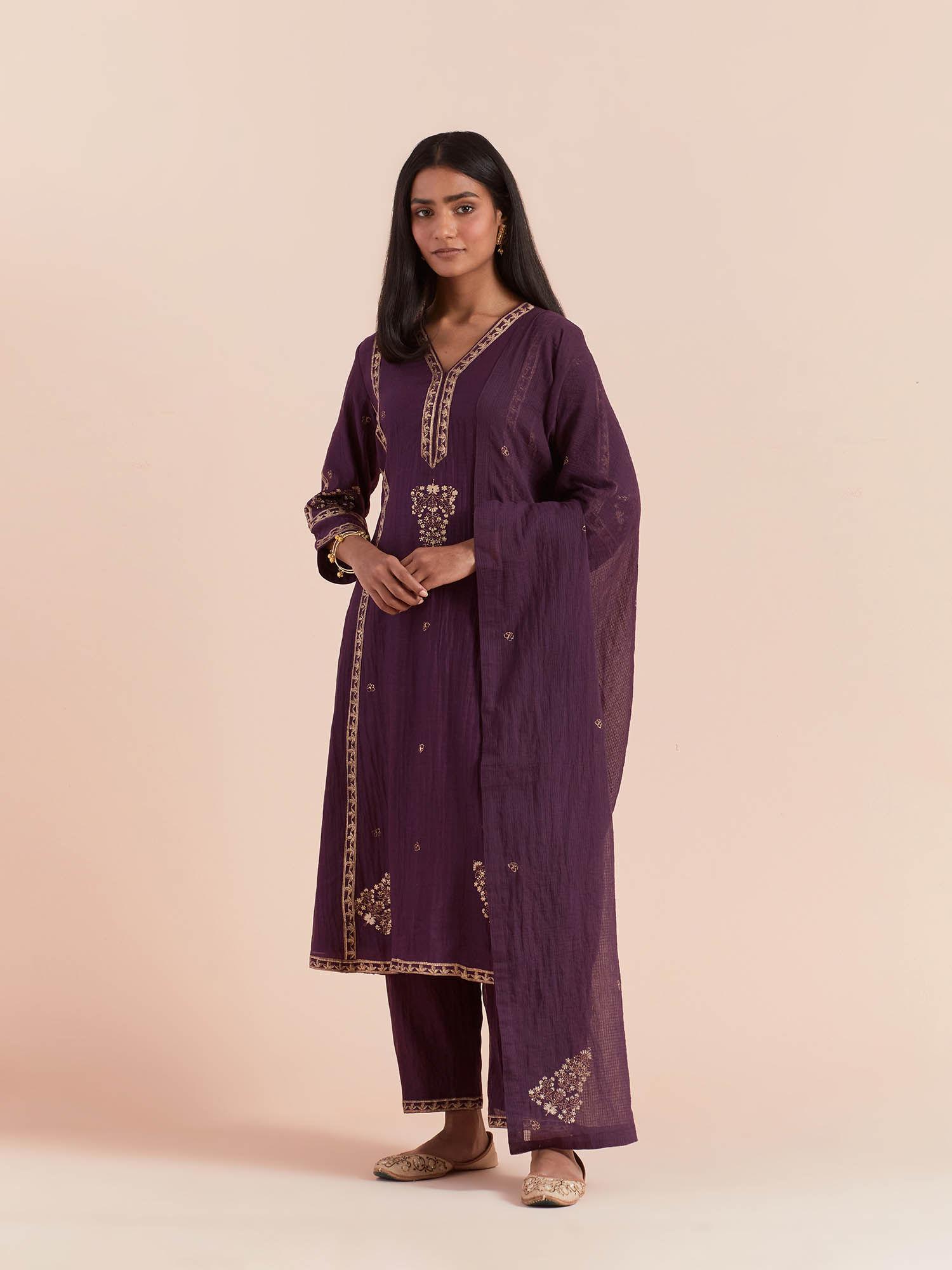 purple soft chanderi kurta with pants and dupatta (set of 3)