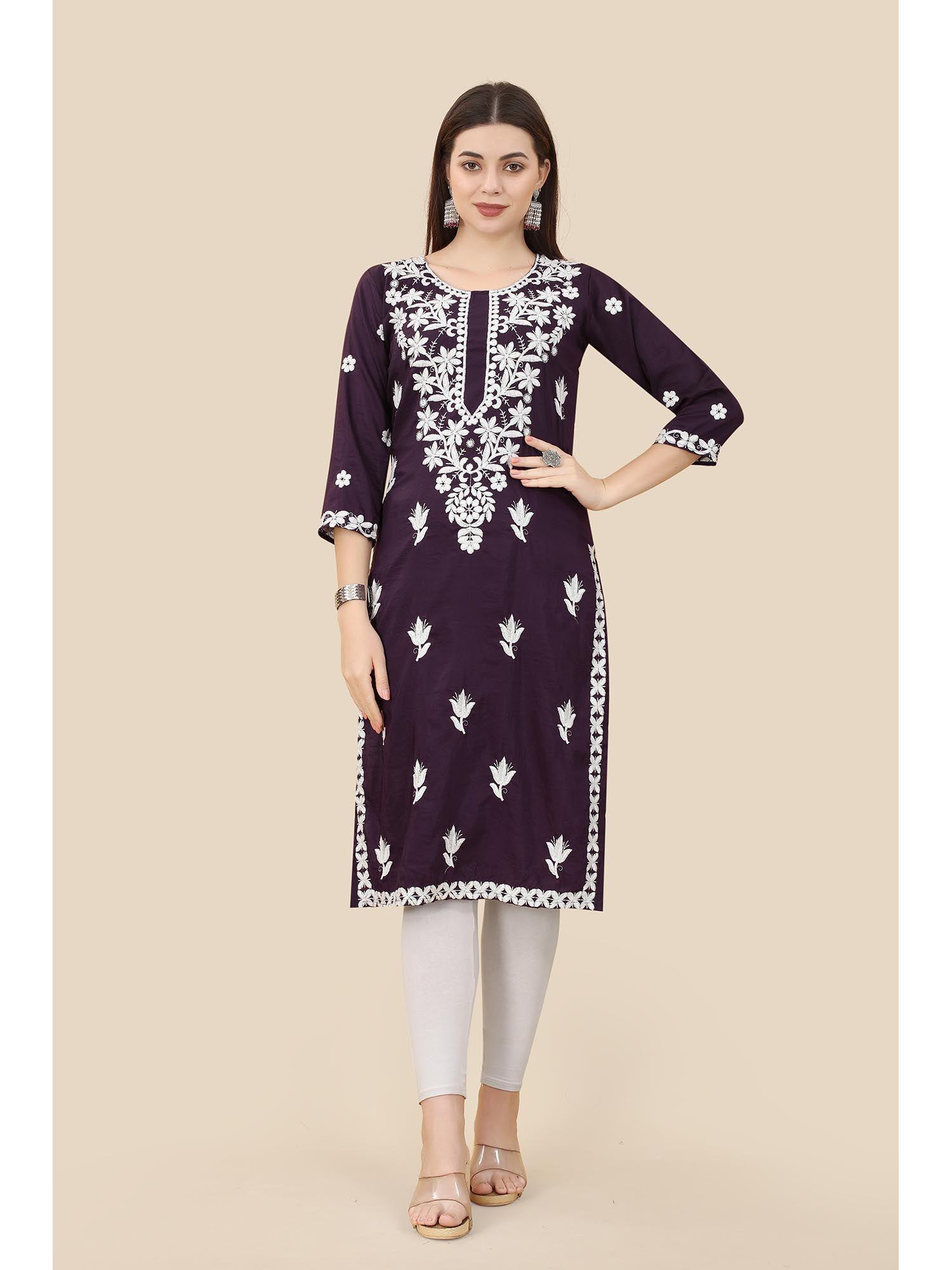 purple soft chinnon embroidery work straight kurta