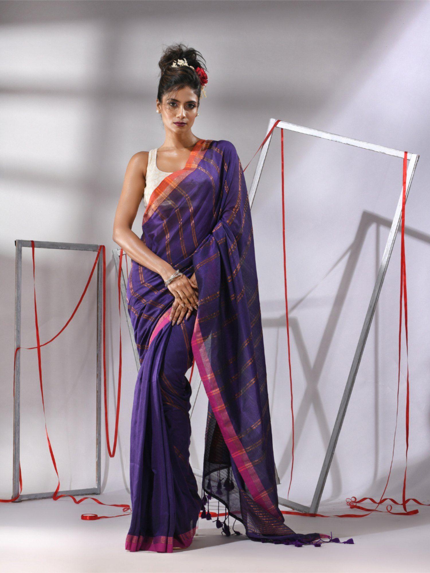 purple soft cotton zari stripe designs saree with unstitched blouse