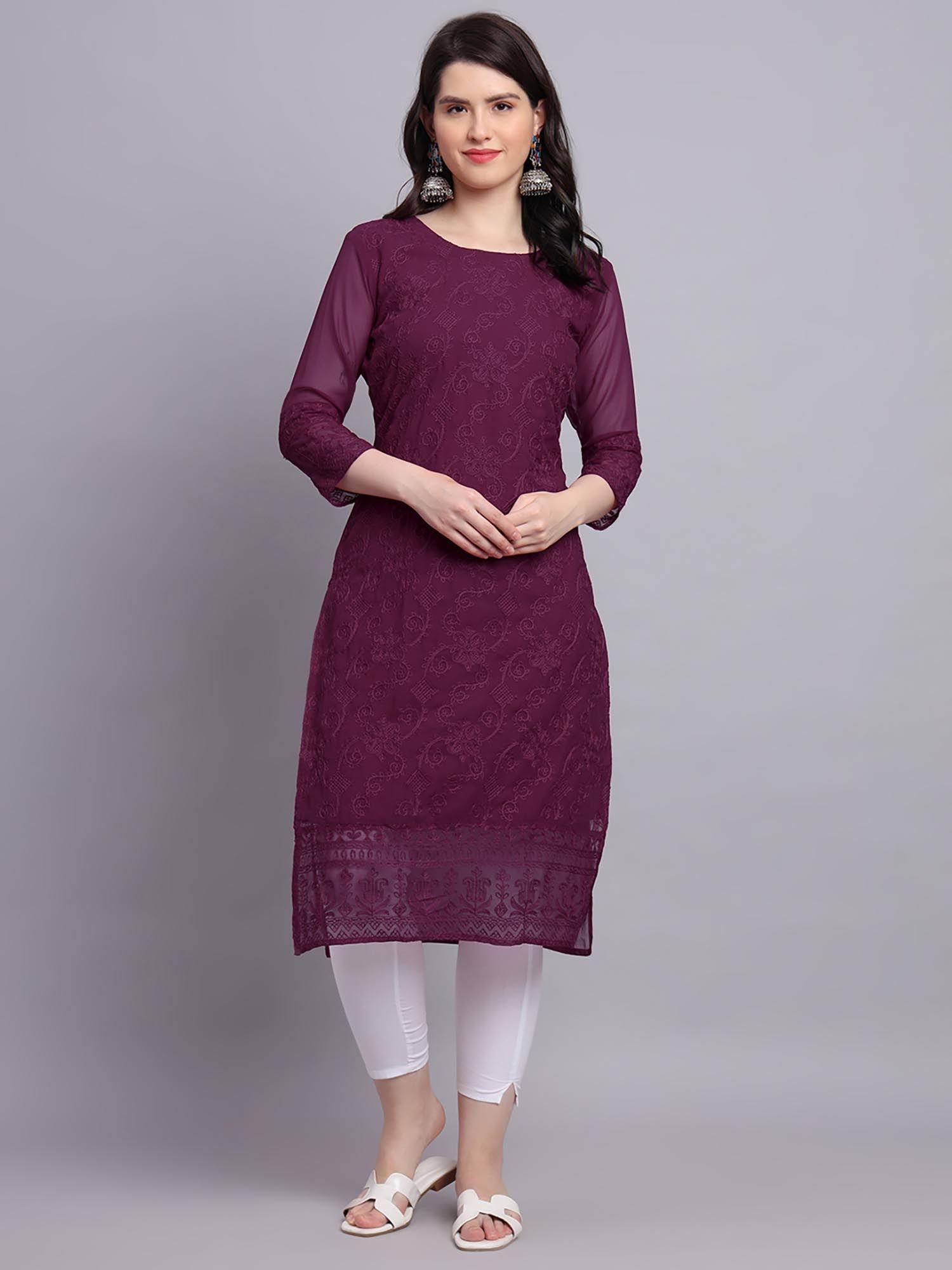 purple soft georgette kurta lucknowi chikankari work straigh kurta