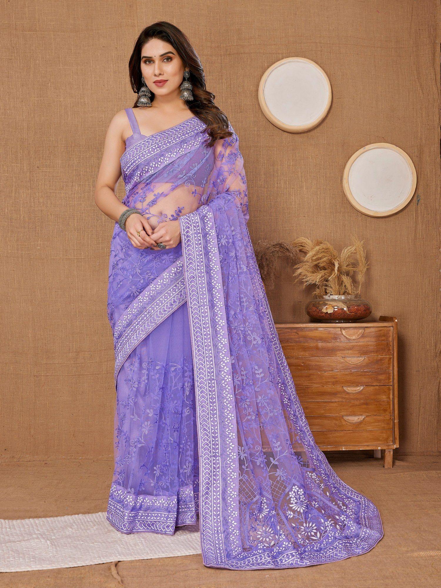 purple soft net embroidery saree with unstitched blouse