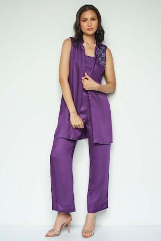 purple solid ankle-length casual women regular fit top pant set