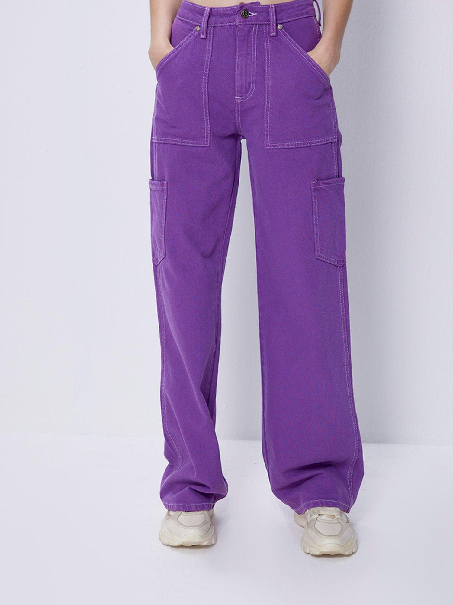 purple solid cargo jeans