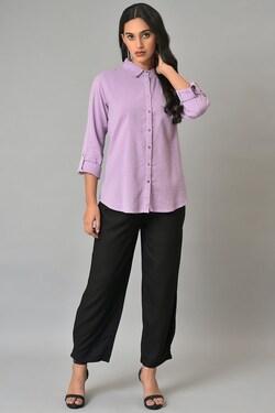 purple solid casual full sleeves regular collar women regular fit shirt