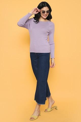 purple solid casual full sleeves round neck women regular fit sweater