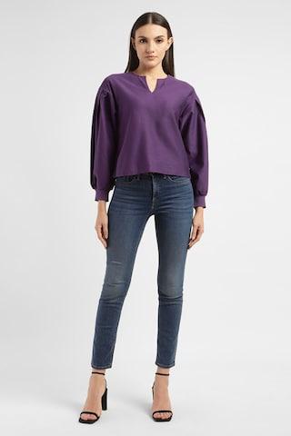purple solid casual full sleeves v neck women regular fit t-shirt