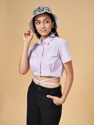 purple solid casual half sleeves regular collar girls regular fit blouse