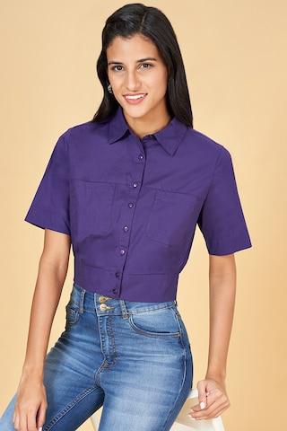 purple solid casual half sleeves regular collar women slim fit  shirt
