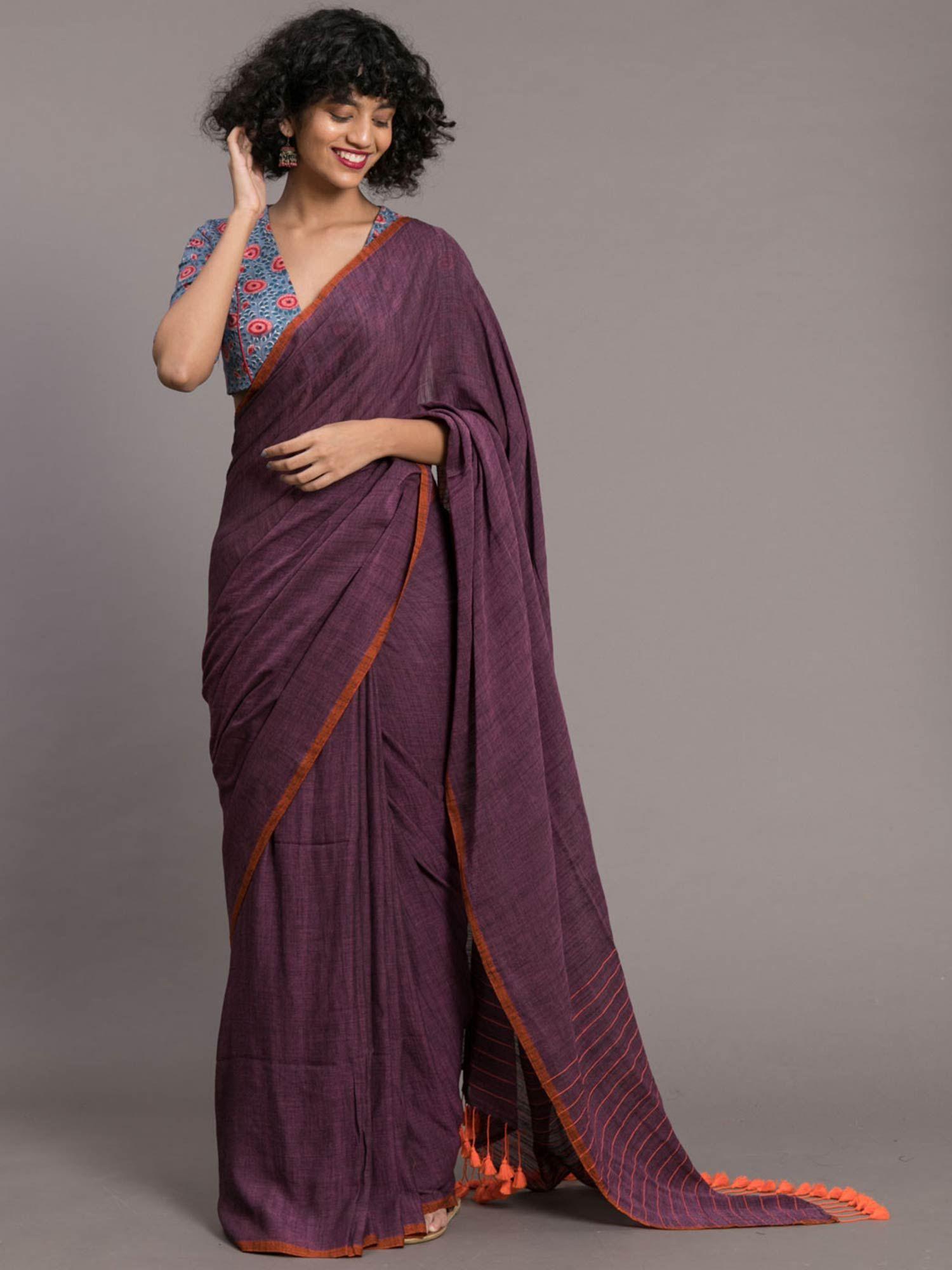 purple solid cotton viscose blend saree with tasseled pallu and without blouse