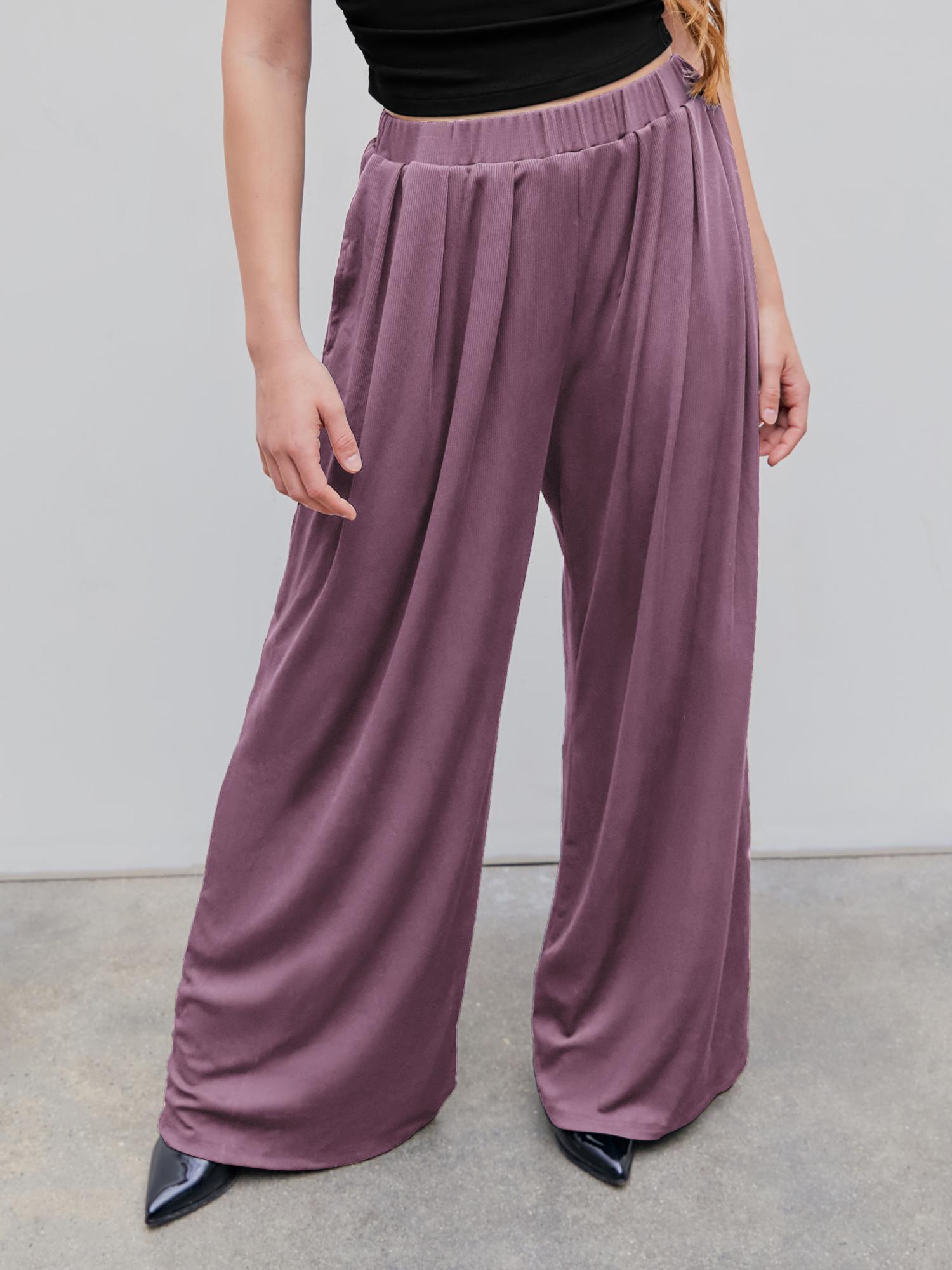 purple solid elastic waist wide leg pant