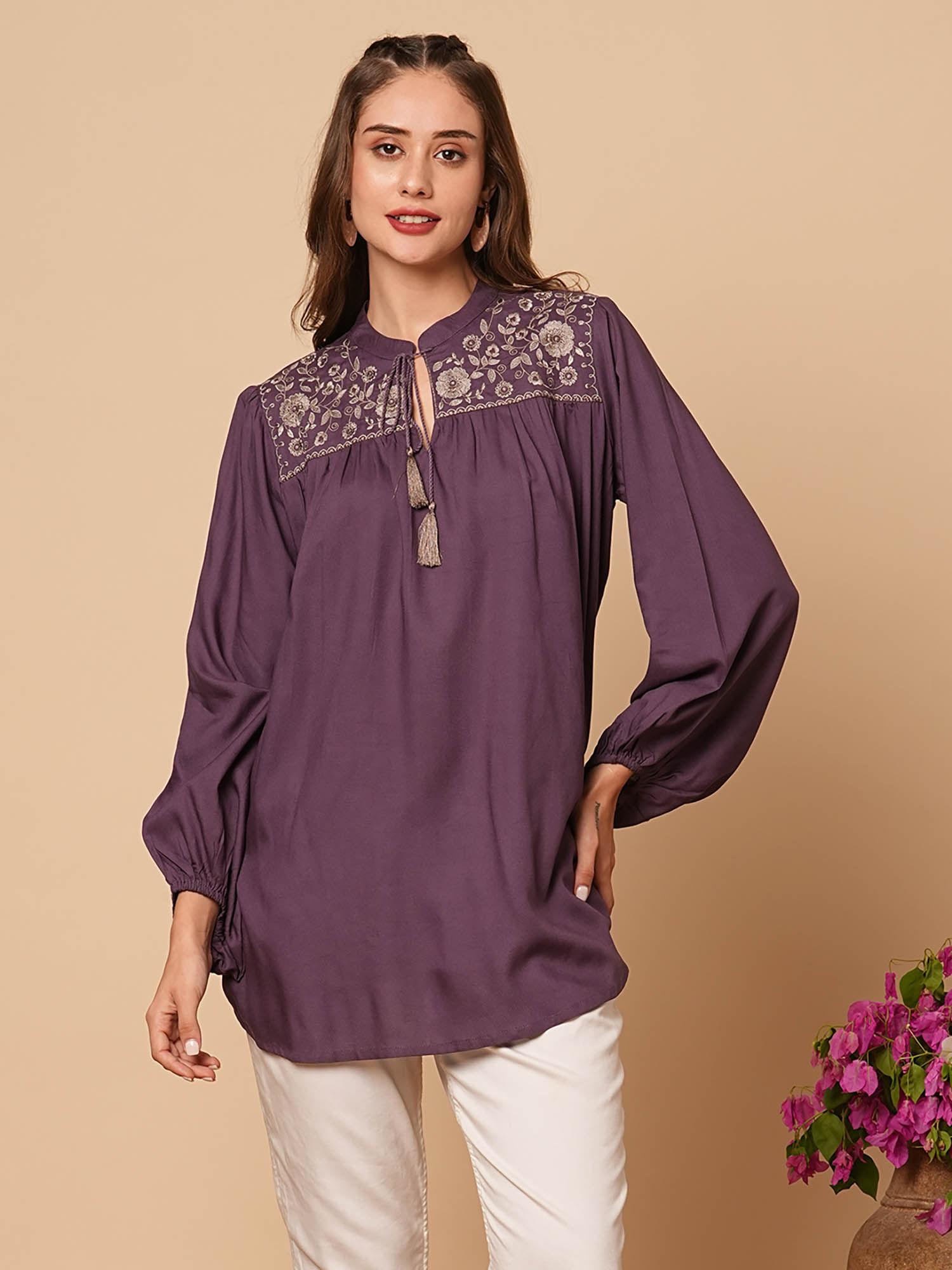 purple solid embroidered a-line pleated short kurti