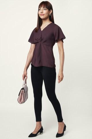 purple solid formal half sleeves v neck women slim fit top