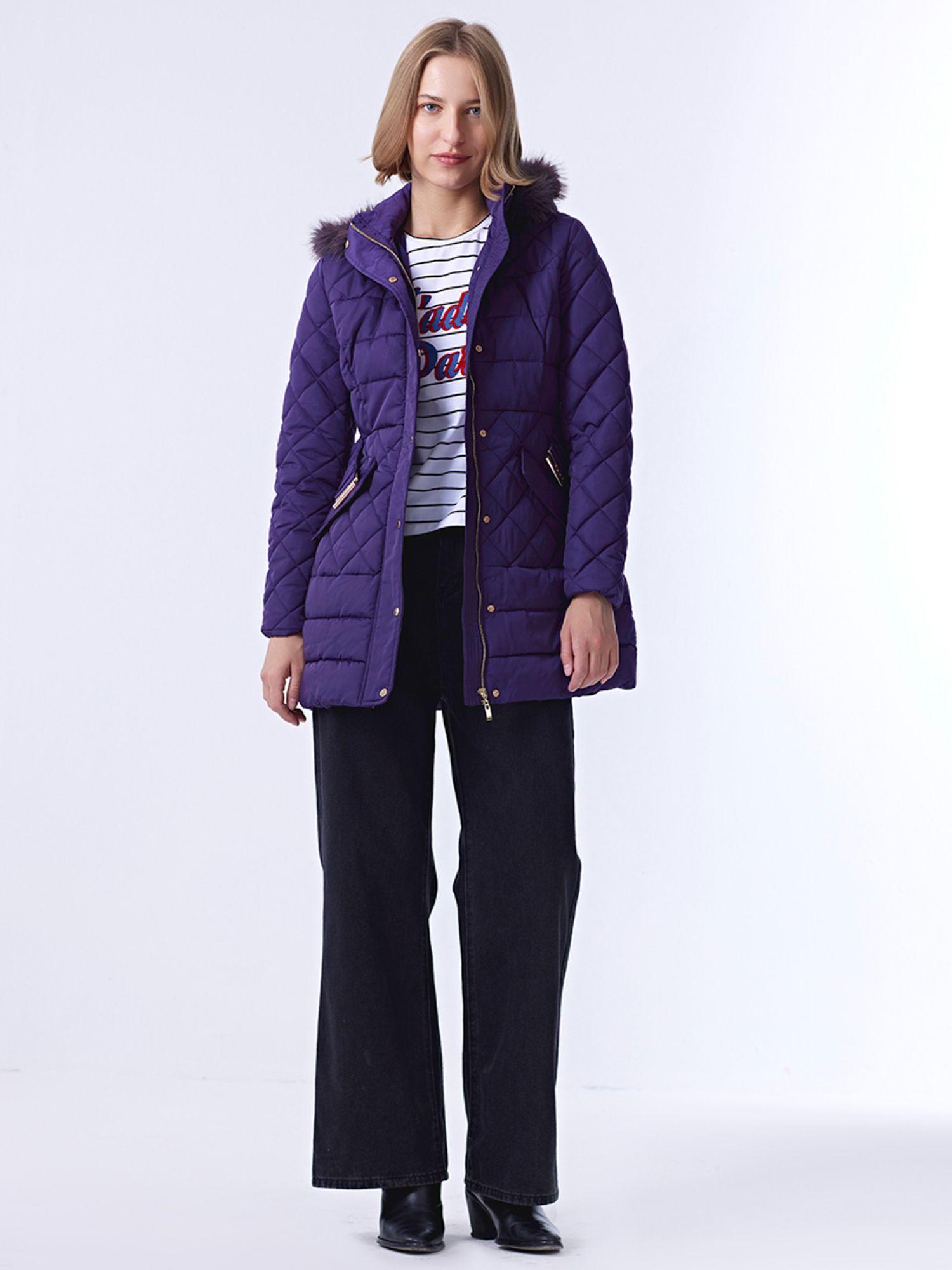 purple solid full sleeves hooded jacket