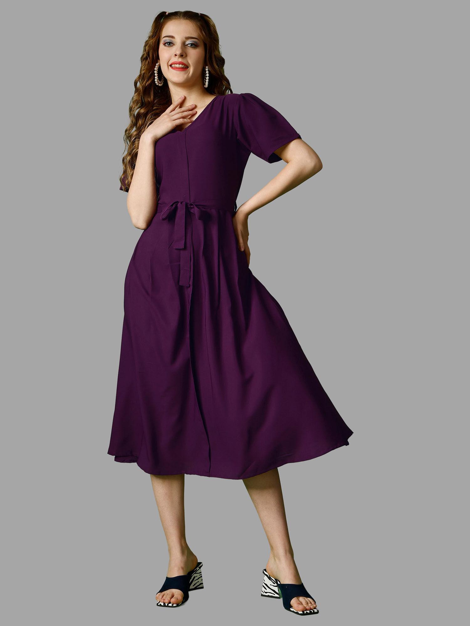 purple solid half sleeve midi dress for women with belt (set of 2)