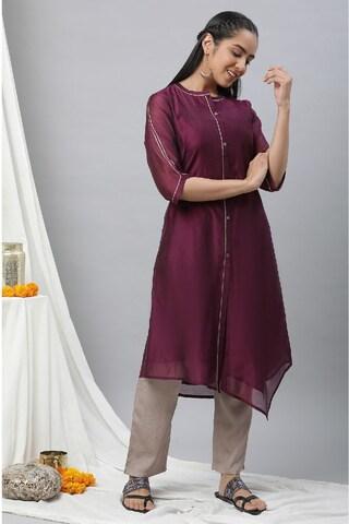 purple solid knee length ethnic women regular fit kurta