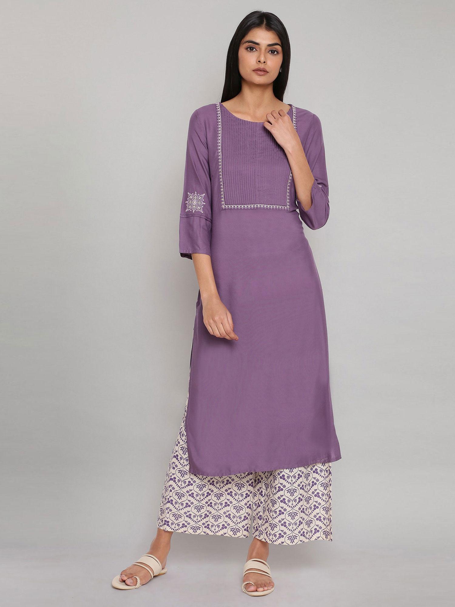 purple solid kurta ith embroidery