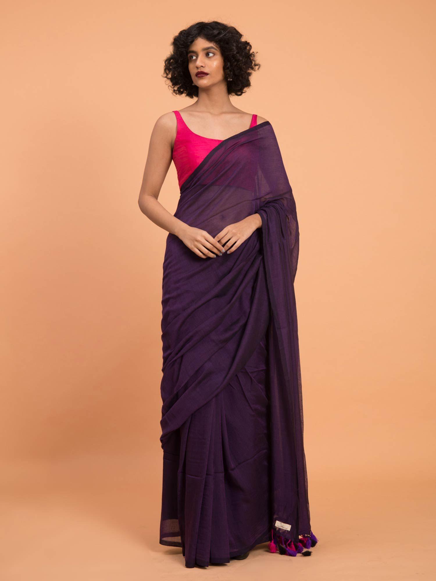 purple solid mul modal saree with tassled pallu and without blouse