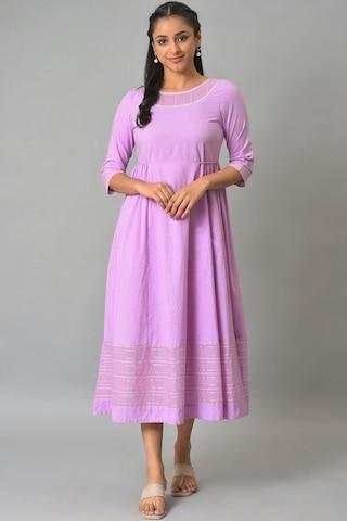 purple solid round neck casual ankle-length 3/4th sleeves women regular fit dress