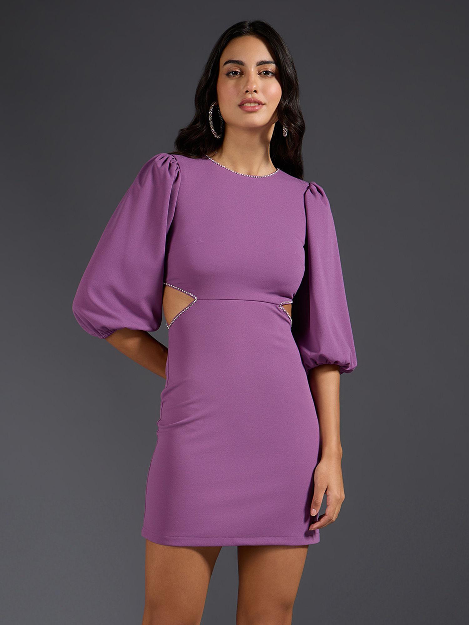 purple solid round neck puff sleeve short sheath dress