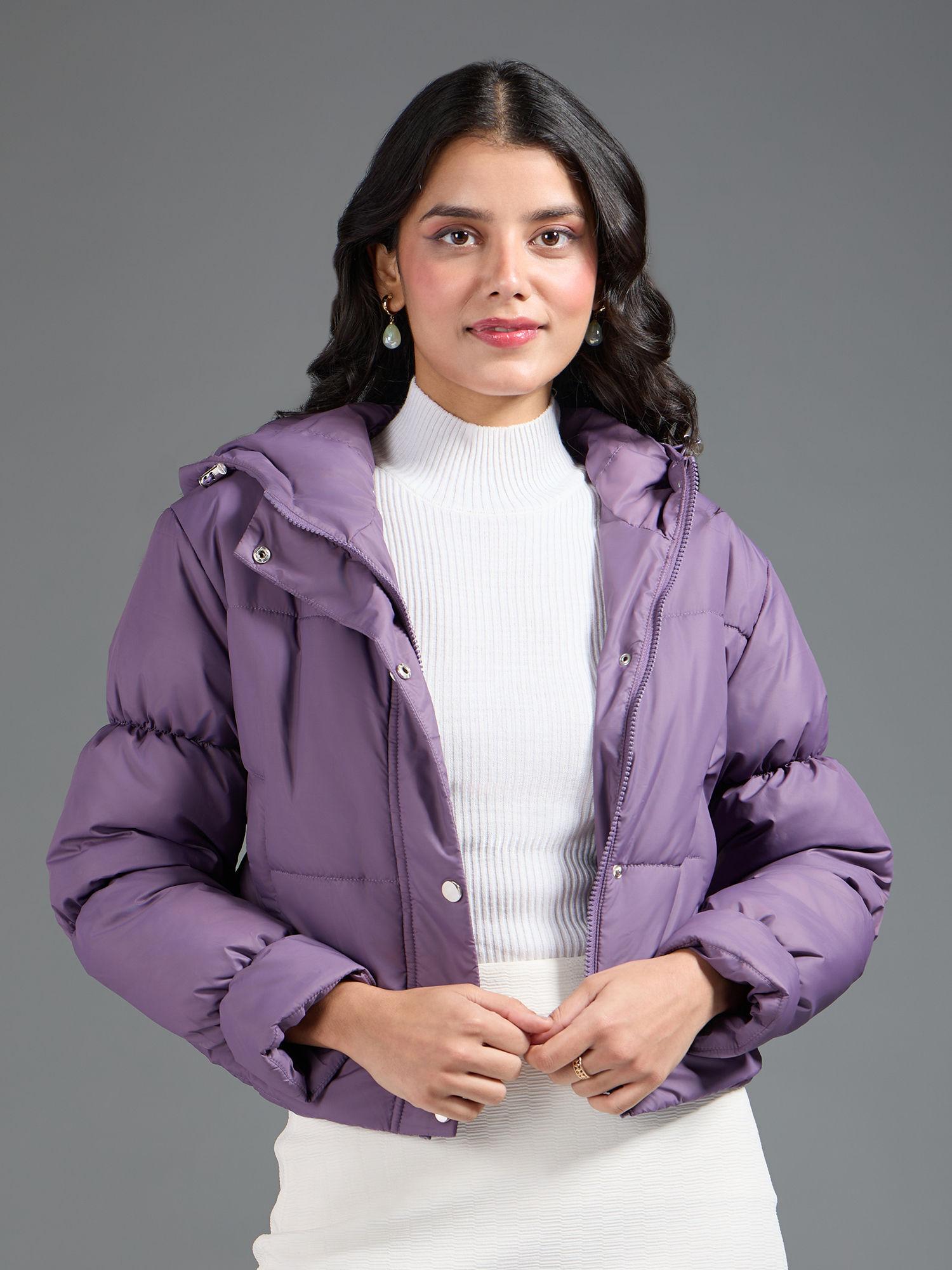 purple solid short quilted puffer jacket